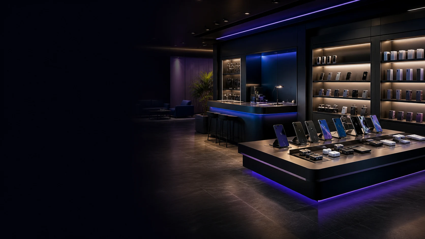 Premium smartphones and mobile accessories displayed inside a modern showroom