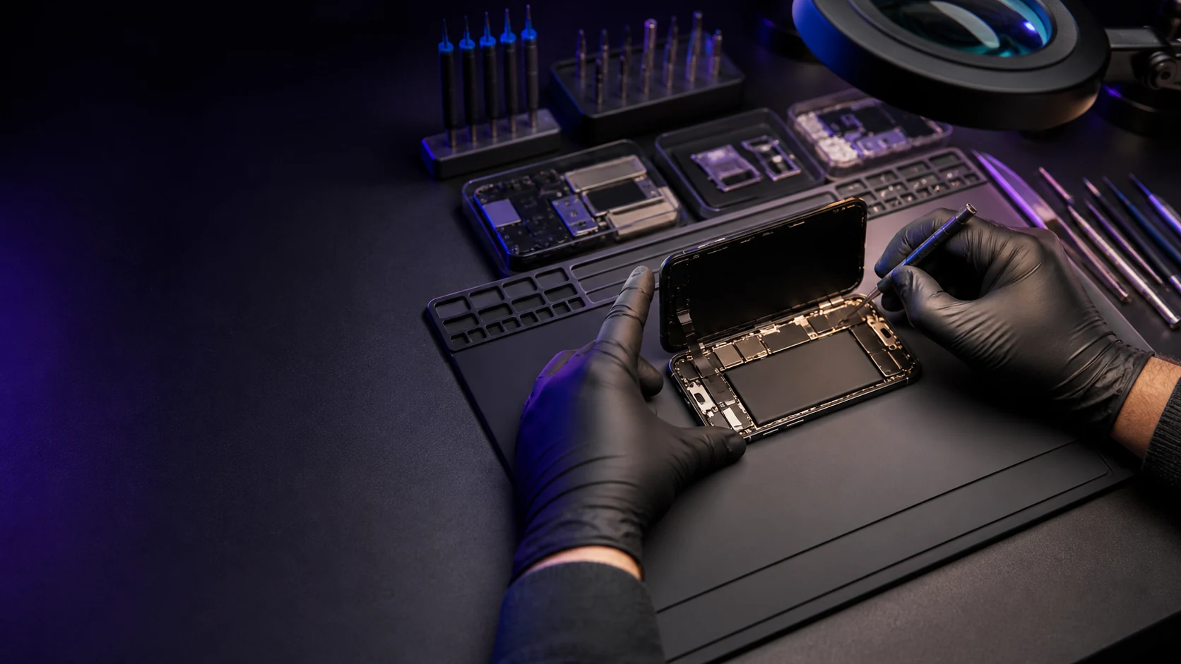 A trained technician carefully repairing a smartphone at a professional workbench